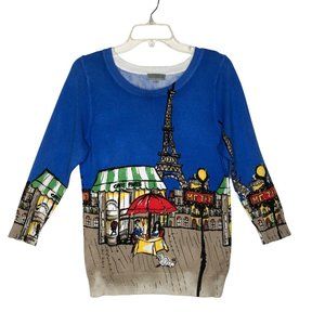 Joseph A Quest Ce Silk Blue Art to Wear Paris Scenic Print Novelty  Sweater Med